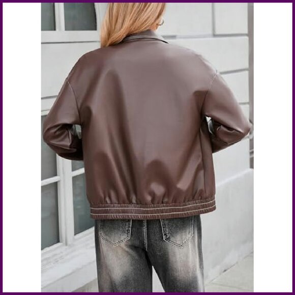 Faux Leather Motorcycle Jacket Women's Oversized Bomber Fall Winter Coat - Picture 4 of 6